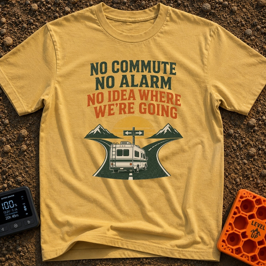 Wake Up Alarm Free - T-Shirt in Mustard - An illustration of a classic motorhome driving toward a fork in a paved road...