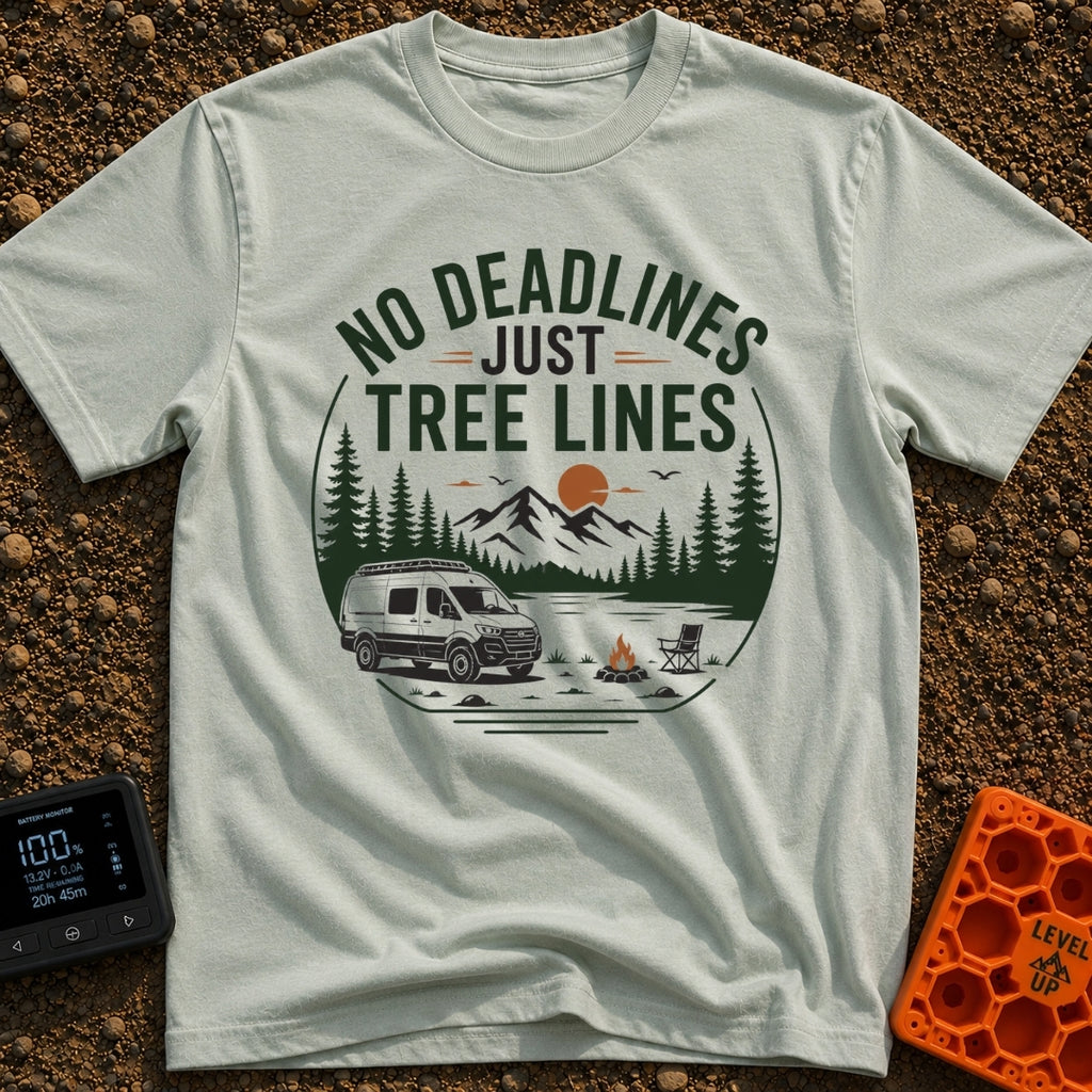 Tree Lines Over Deadlines - T-Shirt in Bay - A circular badge illustration showing a campervan parked near a campfire and...