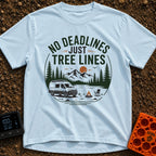 Tree Lines Over Deadlines - T-Shirt in Chambray - A circular badge illustration showing a campervan parked near a...