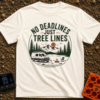 Tree Lines Over Deadlines - T-Shirt in Ivory - A circular badge illustration showing a campervan parked near a campfire...