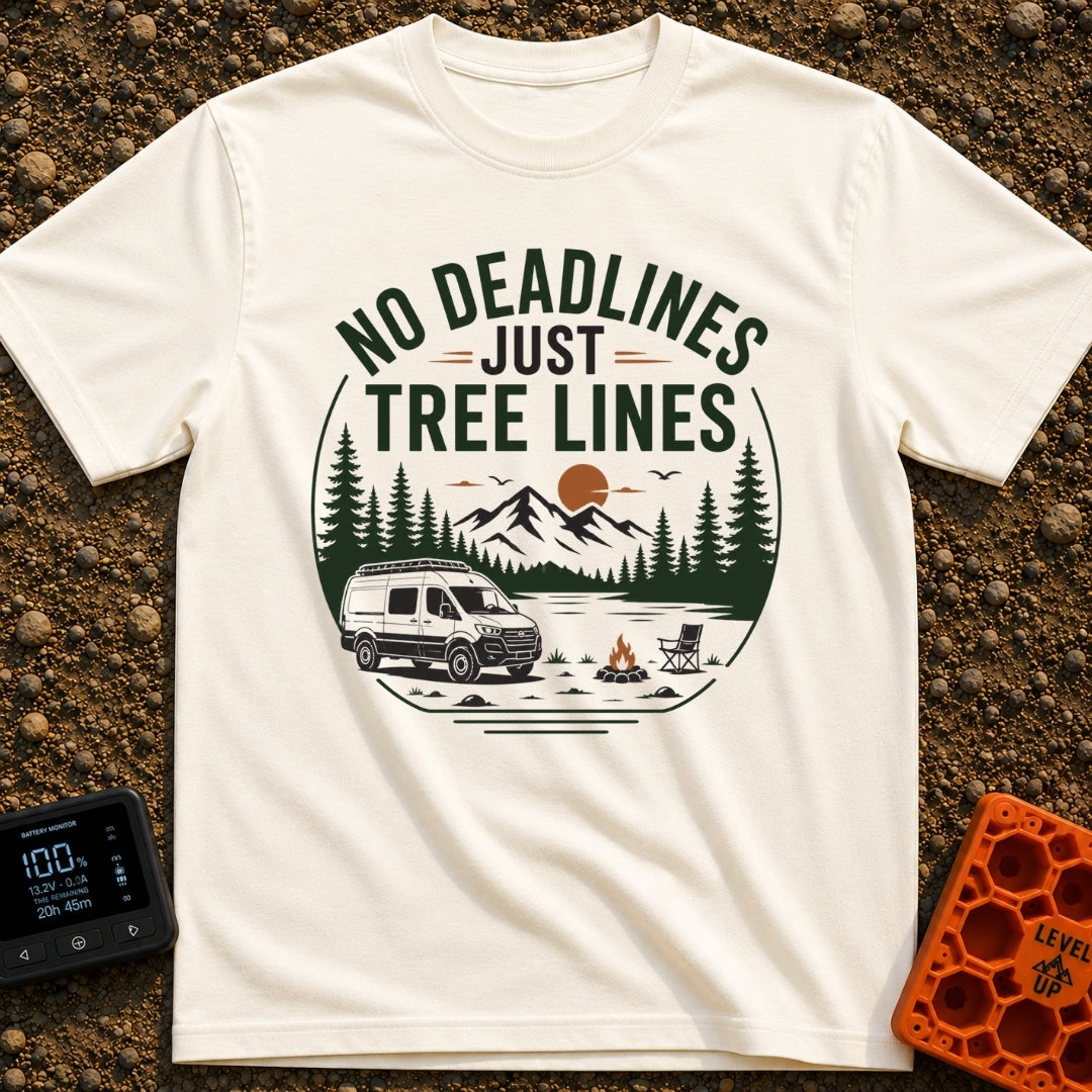 Tree Lines Over Deadlines - T-Shirt in Ivory - A circular badge illustration showing a campervan parked near a campfire...