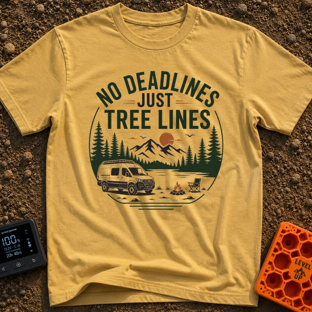 Tree Lines Over Deadlines - T-Shirt in Mustard - A circular badge illustration showing a campervan parked near a campfire...