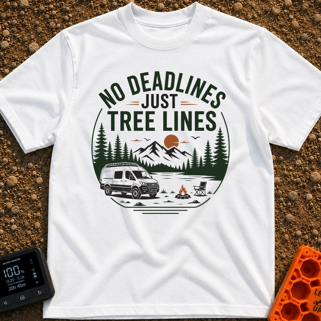 Tree Lines Over Deadlines - T-Shirt in White - A circular badge illustration showing a campervan parked near a campfire...