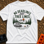 Tree Lines Over Deadlines - T-Shirt in White - A circular badge illustration showing a campervan parked near a campfire...