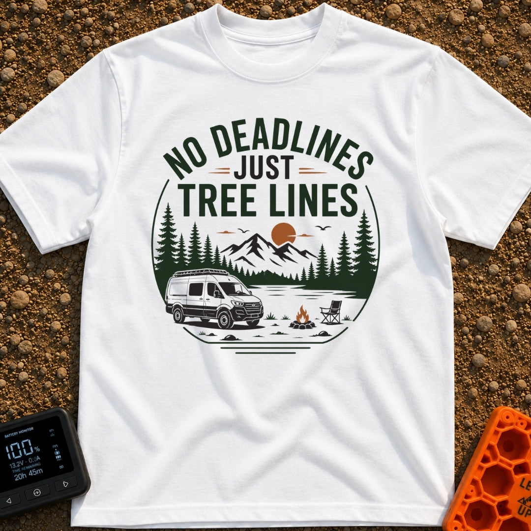 Tree Lines Over Deadlines - T-Shirt in White - A circular badge illustration showing a campervan parked near a campfire...