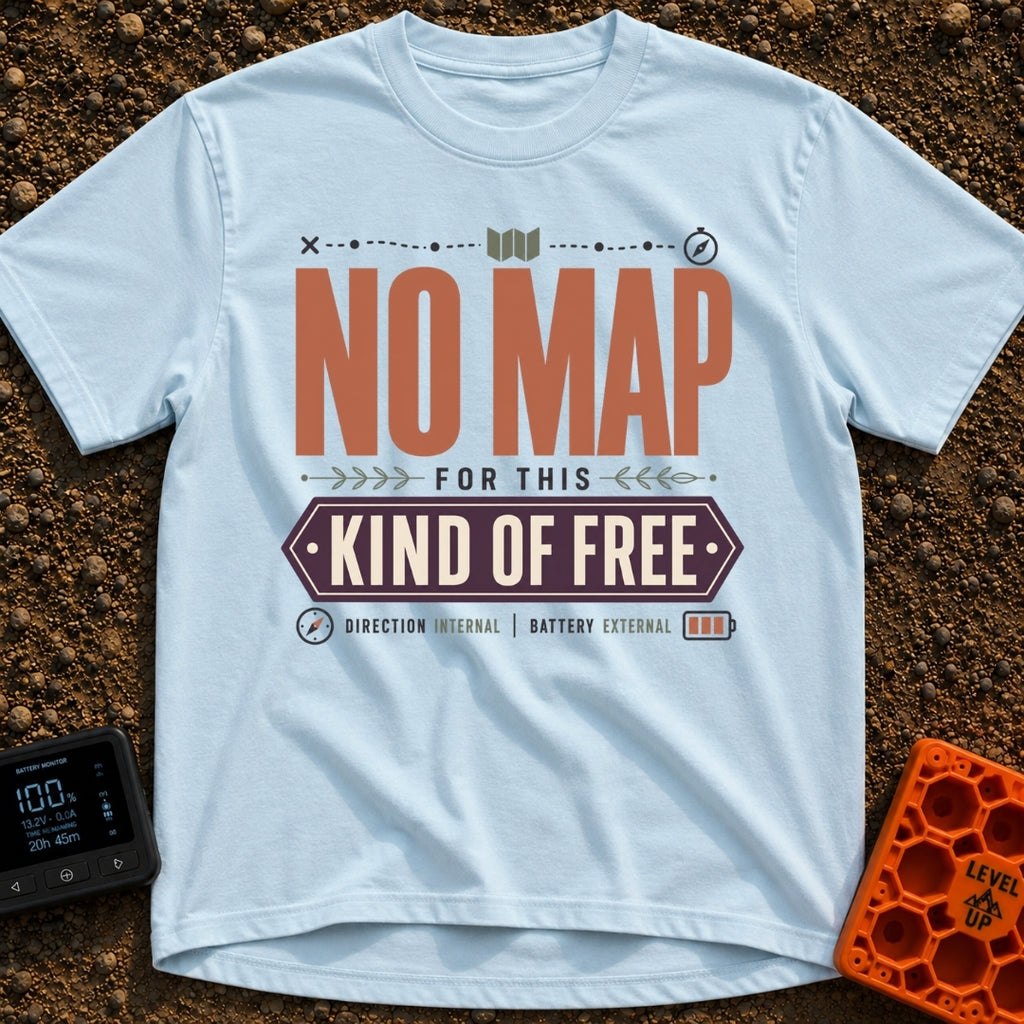 No Map Just Free - T-Shirt in Chambray - A typographic design featuring the large text "NO MAP" in brown, with "KIND OF...
