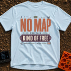 No Map Just Free - T-Shirt in Chambray - A typographic design featuring the large text "NO MAP" in brown, with "KIND OF...