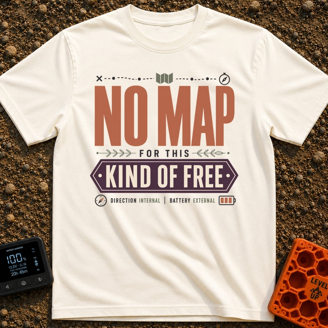No Map Just Free - T-Shirt in Ivory - A typographic design featuring the large text "NO MAP" in brown, with "KIND OF...