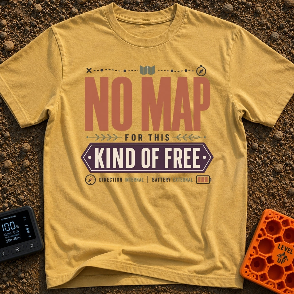 No Map Just Free - T-Shirt in Mustard - A typographic design featuring the large text "NO MAP" in brown, with "KIND OF...
