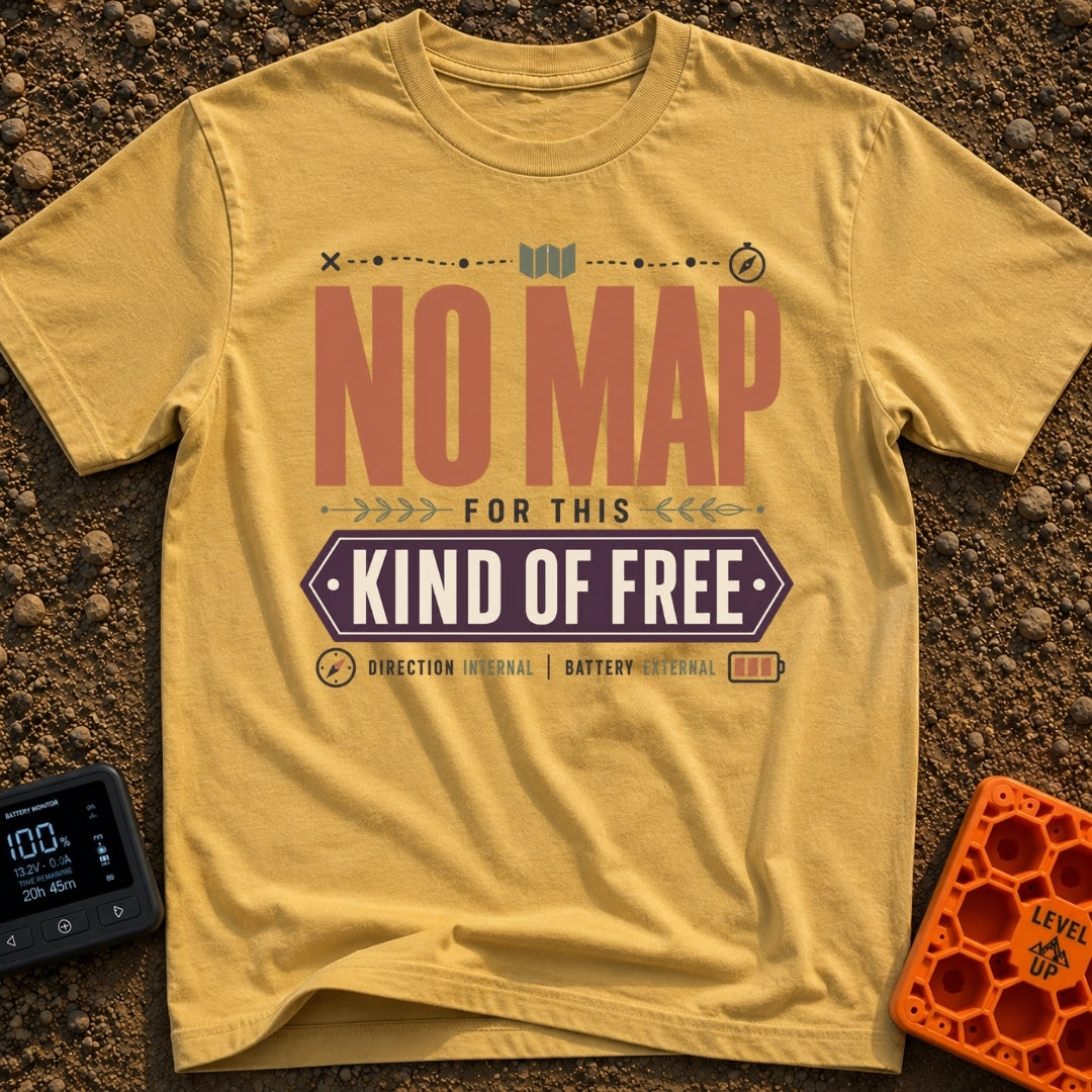 No Map Just Free - T-Shirt in Mustard - A typographic design featuring the large text "NO MAP" in brown, with "KIND OF...