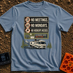 No Mondays No Hookups - T-Shirt in Blue Jean - A graphic resembling a sign with crossed-out icons for a calendar, a video...