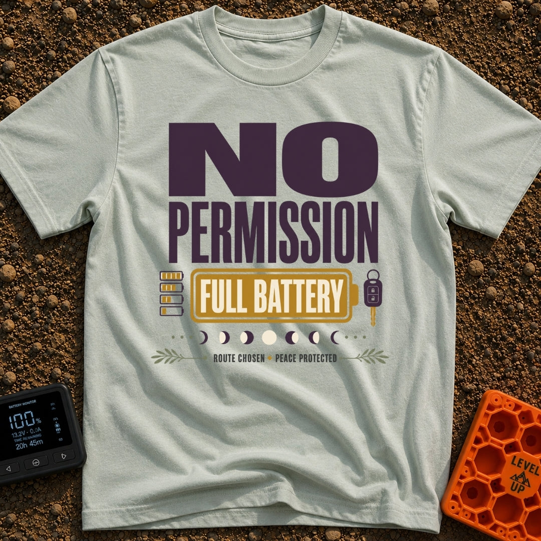 Charged Without Permission - T-Shirt in Bay - A typographic design featuring the large text 'NO PERMISSION FULL BATTERY',...