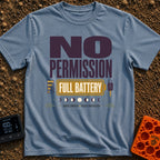 Charged Without Permission - T-Shirt in Blue Jean - A typographic design featuring the large text 'NO PERMISSION FULL...