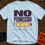 Charged Without Permission - T-Shirt in Chambray - A typographic design featuring the large text 'NO PERMISSION FULL...