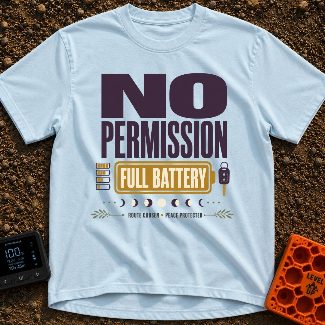 Charged Without Permission - T-Shirt in Chambray - A typographic design featuring the large text 'NO PERMISSION FULL...
