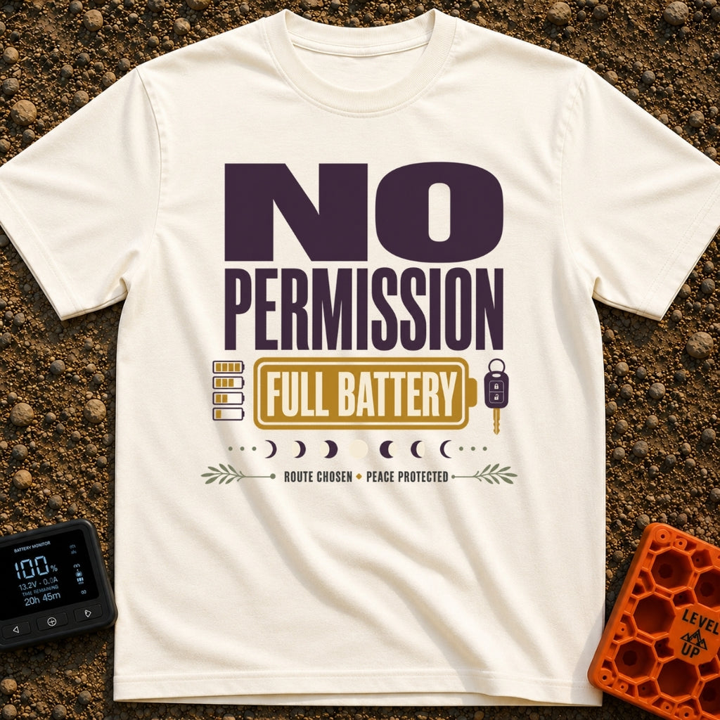 Charged Without Permission - T-Shirt in Ivory - A typographic design featuring the large text 'NO PERMISSION FULL...