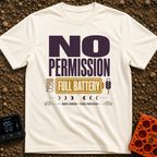 Charged Without Permission - T-Shirt in Ivory - A typographic design featuring the large text 'NO PERMISSION FULL...