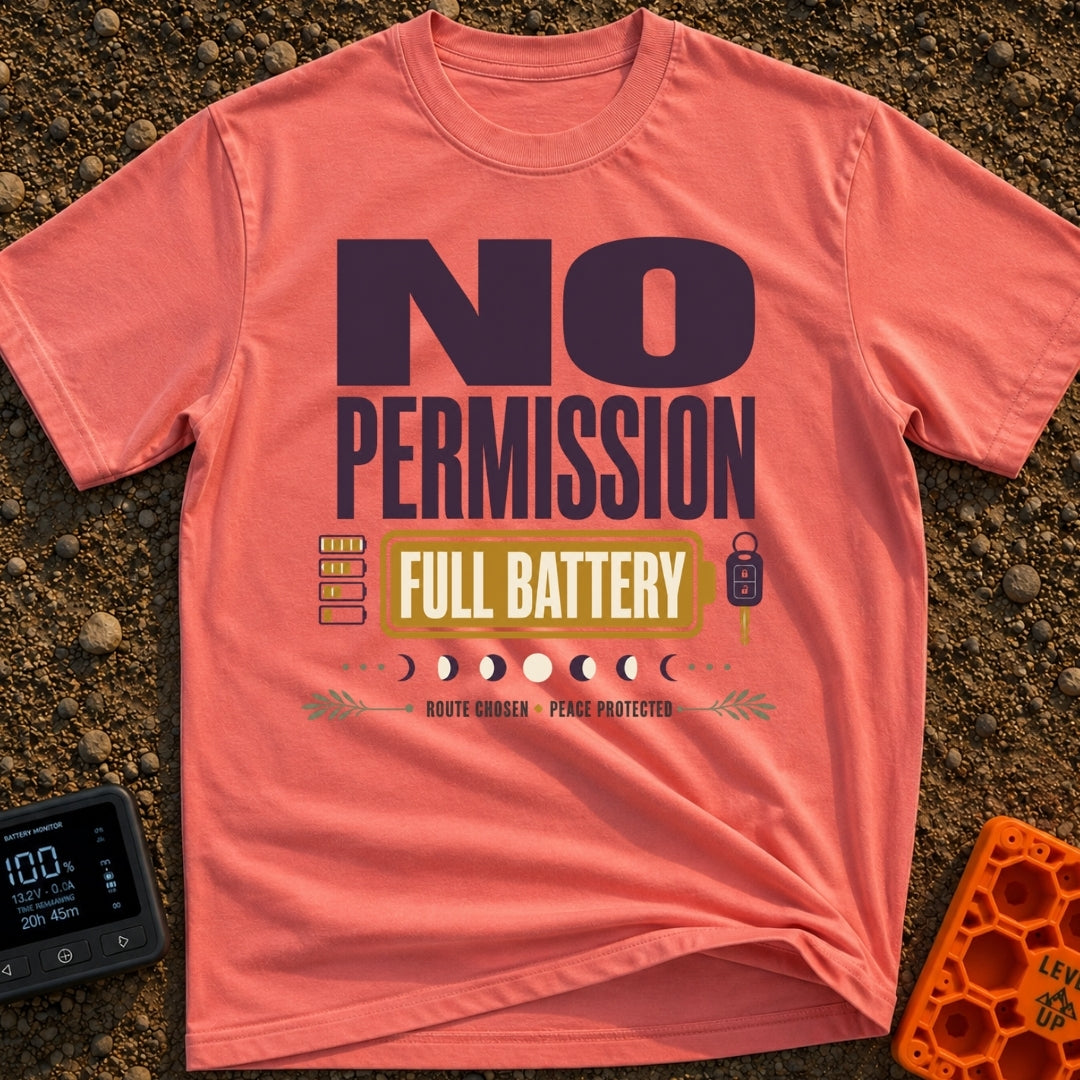 Charged Without Permission - T-Shirt in Watermelon - A typographic design featuring the large text 'NO PERMISSION FULL...
