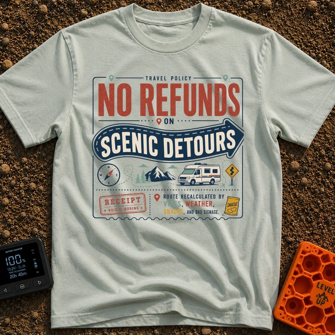 Scenic Detours Only - T-Shirt in Bay - A vintage-style graphic resembling a travel receipt with bold text reading "No...