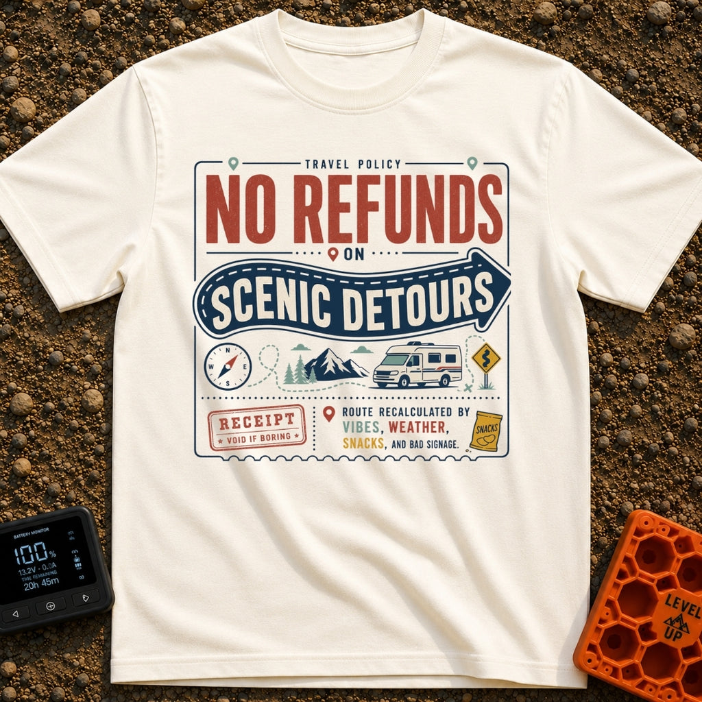 Scenic Detours Only - T-Shirt in Ivory - A vintage-style graphic resembling a travel receipt with bold text reading "No...
