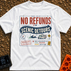 Scenic Detours Only - T-Shirt in White - A vintage-style graphic resembling a travel receipt with bold text reading "No...
