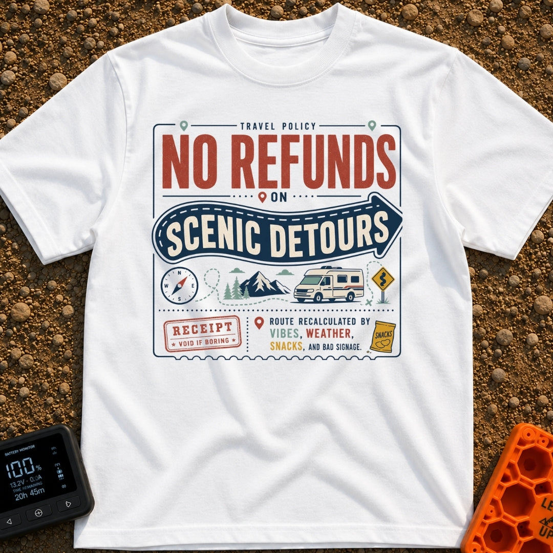 Scenic Detours Only - T-Shirt in White - A vintage-style graphic resembling a travel receipt with bold text reading "No...