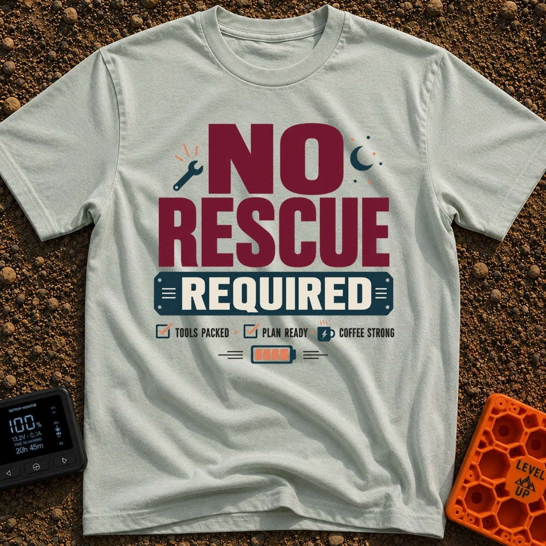 No Rescue Required - T-Shirt in Bay - Graphic typography reading "NO RESCUE REQUIRED" surrounded by small icons including...