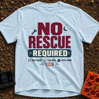 No Rescue Required - T-Shirt in Chambray - Graphic typography reading "NO RESCUE REQUIRED" surrounded by small icons...