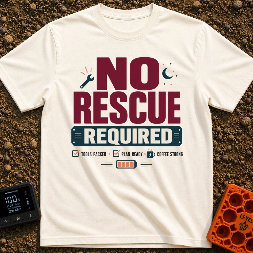 No Rescue Required - T-Shirt in Ivory - Graphic typography reading "NO RESCUE REQUIRED" surrounded by small icons...