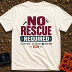 No Rescue Required - T-Shirt in Ivory - Graphic typography reading "NO RESCUE REQUIRED" surrounded by small icons...