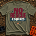 No Rescue Required - T-Shirt in Moss - Graphic typography reading "NO RESCUE REQUIRED" surrounded by small icons...