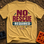 No Rescue Required - T-Shirt in Mustard - Graphic typography reading "NO RESCUE REQUIRED" surrounded by small icons...