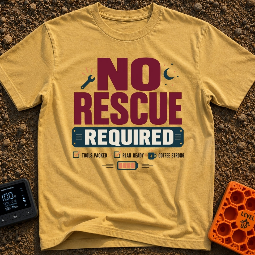 No Rescue Required - T-Shirt in Mustard - Graphic typography reading "NO RESCUE REQUIRED" surrounded by small icons...