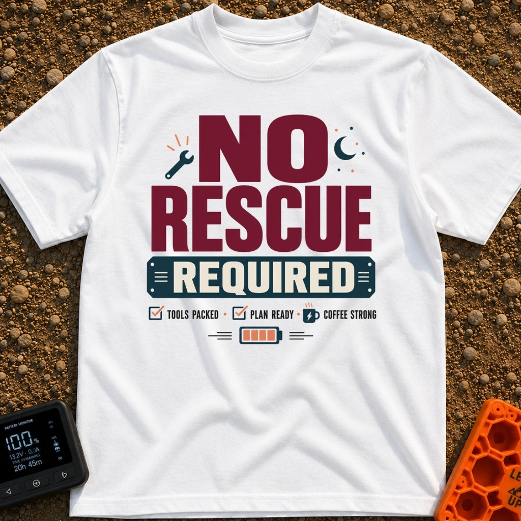No Rescue Required - T-Shirt in White - Graphic typography reading "NO RESCUE REQUIRED" surrounded by small icons...