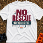 No Rescue Required - T-Shirt in White - Graphic typography reading "NO RESCUE REQUIRED" surrounded by small icons...
