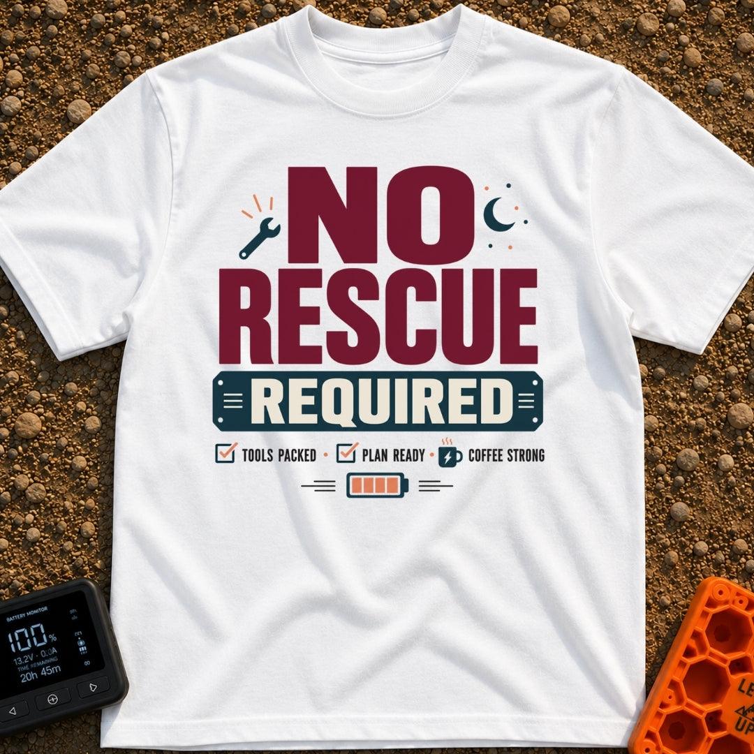 No Rescue Required - T-Shirt in White - Graphic typography reading "NO RESCUE REQUIRED" surrounded by small icons...