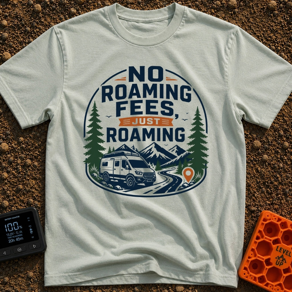 No Fees Just Roaming - T-Shirt in Bay - A graphic illustration of a white camper van parked next to a winding road,...