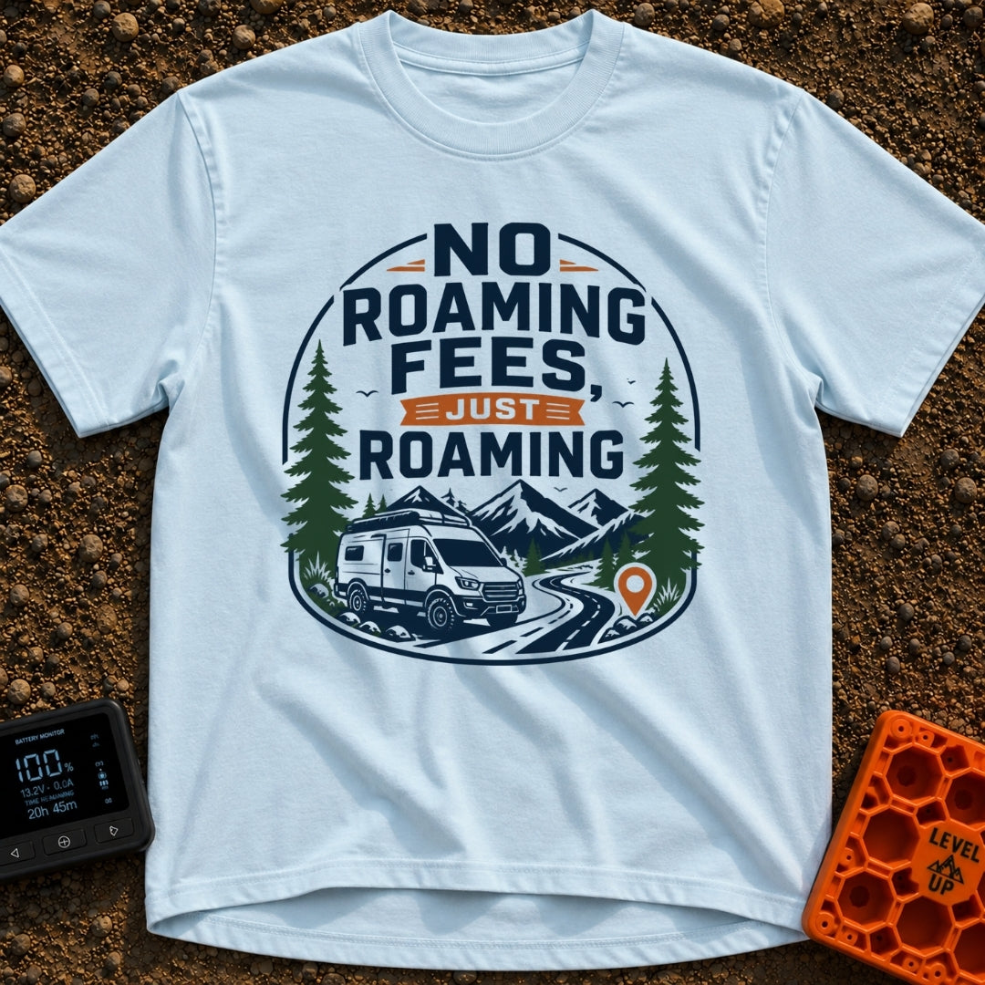No Fees Just Roaming - T-Shirt in Chambray - A graphic illustration of a white camper van parked next to a winding road,...