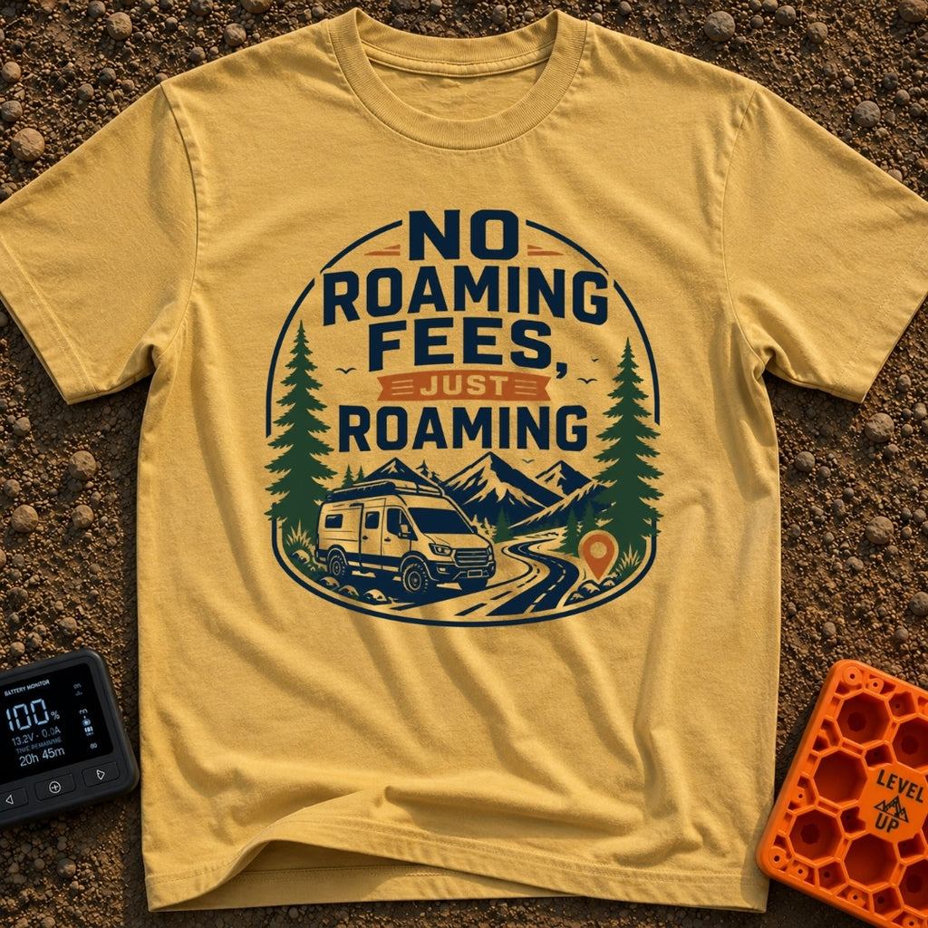No Fees Just Roaming - T-Shirt in Mustard - A graphic illustration of a white camper van parked next to a winding road,...
