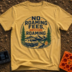 No Fees Just Roaming - T-Shirt in Mustard - A graphic illustration of a white camper van parked next to a winding road,...