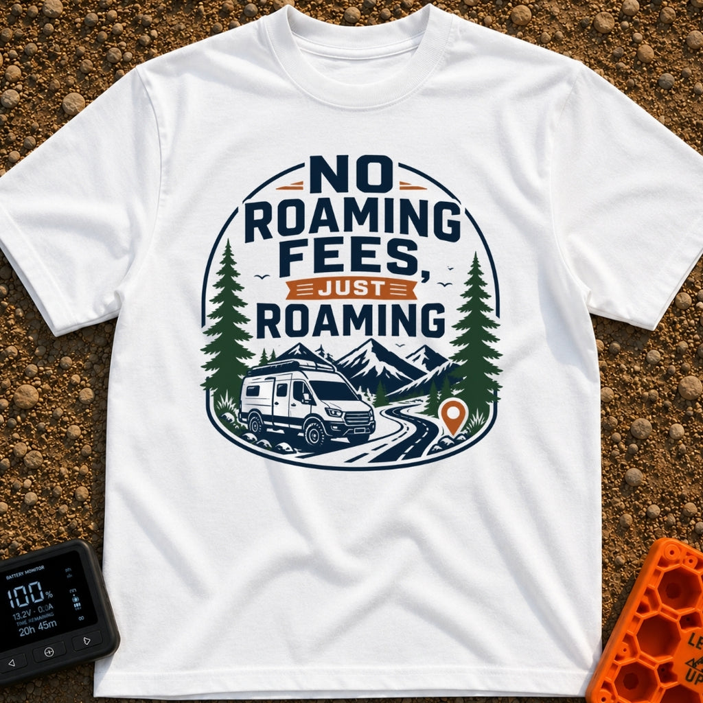 No Fees Just Roaming - T-Shirt in White - A graphic illustration of a white camper van parked next to a winding road,...