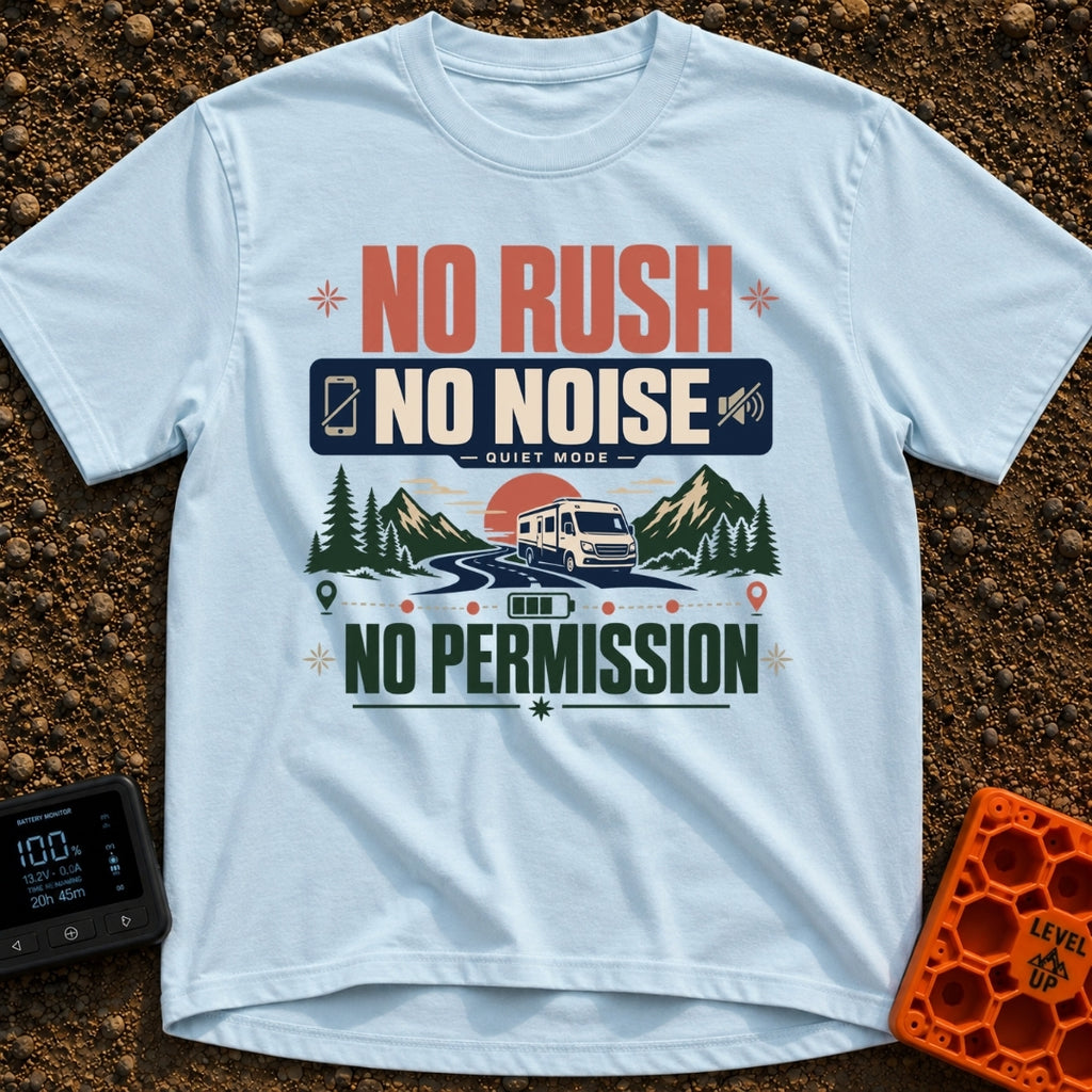 Quiet Mode On - T-Shirt in Chambray - A graphic illustration featuring large text that reads "NO RUSH NO NOISE NO...