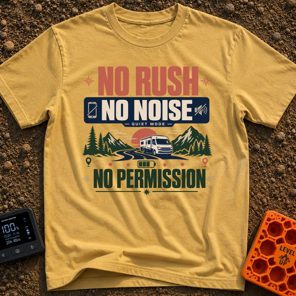Quiet Mode On - T-Shirt in Mustard - A graphic illustration featuring large text that reads "NO RUSH NO NOISE NO...