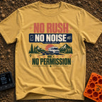Quiet Mode On - T-Shirt in Mustard - A graphic illustration featuring large text that reads "NO RUSH NO NOISE NO...