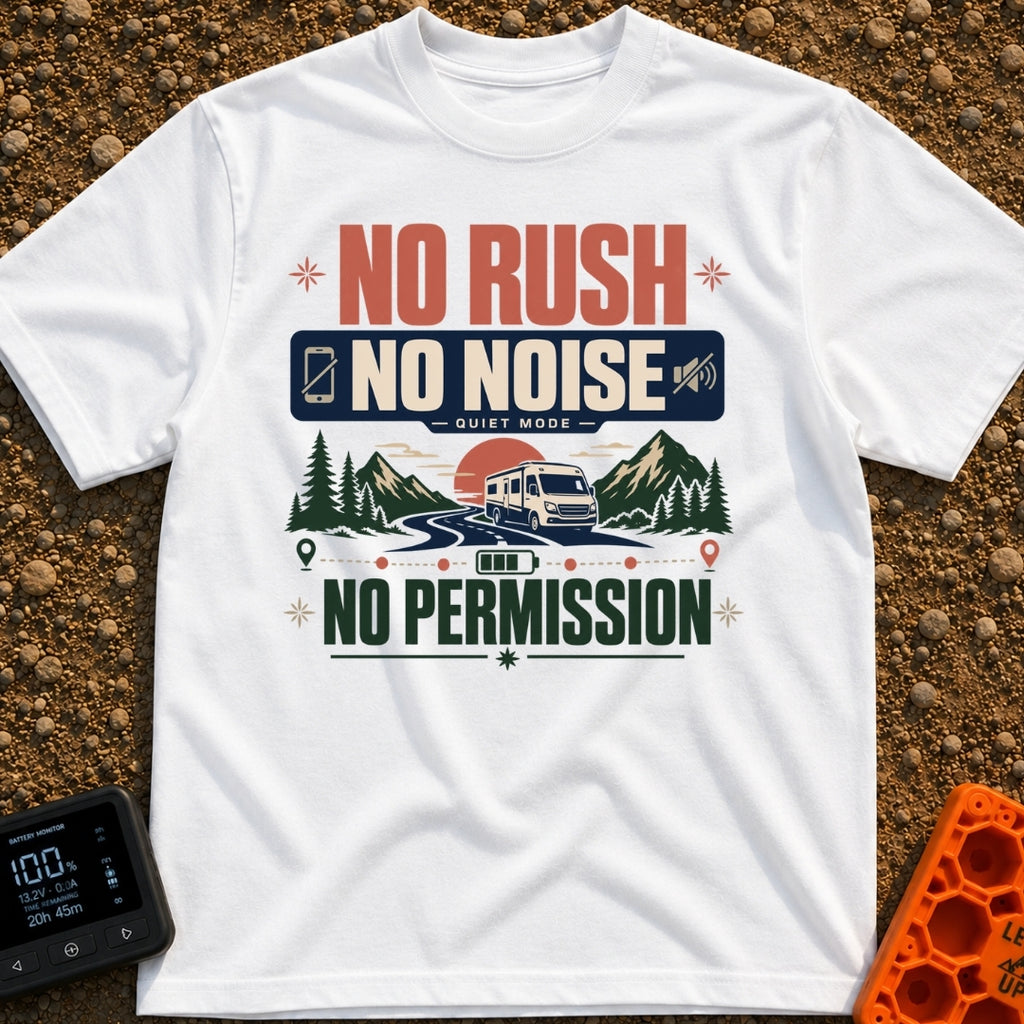 Quiet Mode On - T-Shirt in White - A graphic illustration featuring large text that reads "NO RUSH NO NOISE NO...