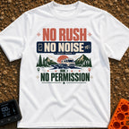 Quiet Mode On - T-Shirt in White - A graphic illustration featuring large text that reads "NO RUSH NO NOISE NO...