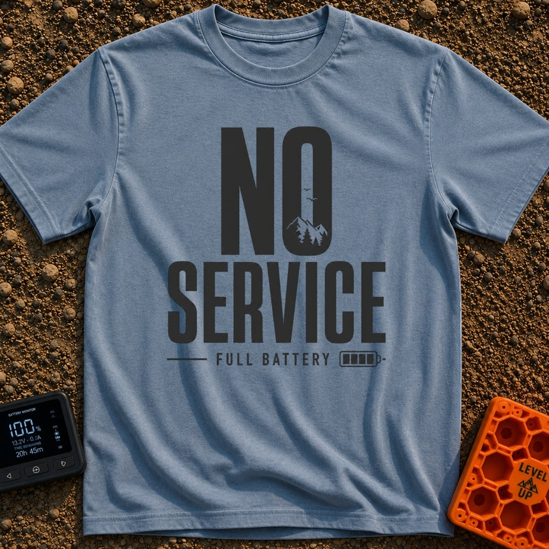 No Bars No Problem - T-Shirt in Blue Jean - The design features the large stacked text "NO SERVICE", where the inside of...