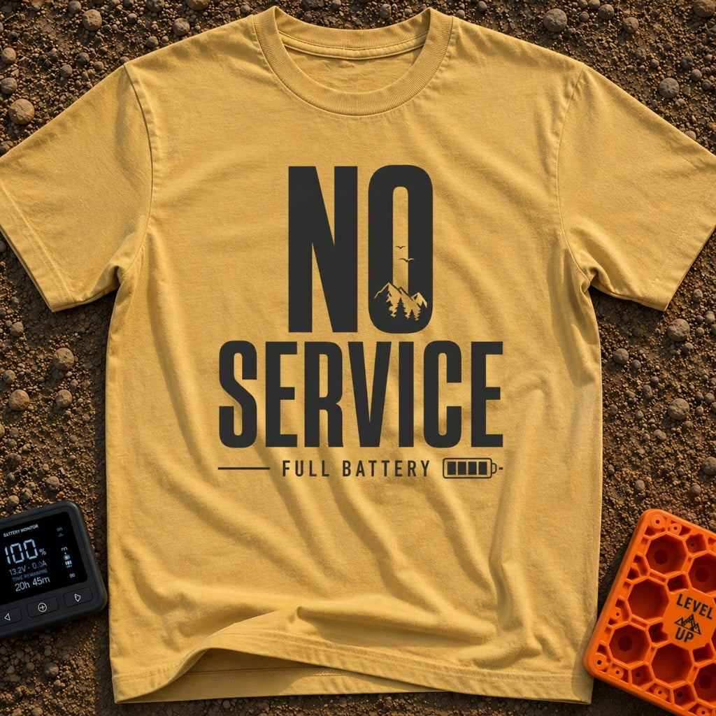 No Bars No Problem - T-Shirt in Mustard - The design features the large stacked text "NO SERVICE", where the inside of...