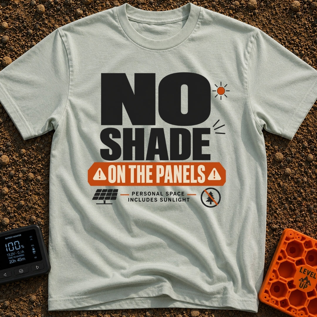 Do Not Throw Shade - T-Shirt in Bay - A typographic design with the large text "NO SHADE" above an orange banner that...