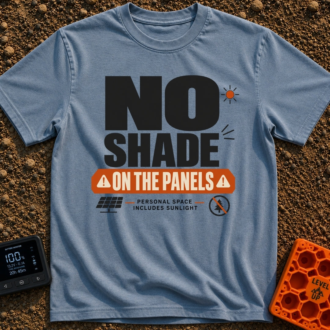 Do Not Throw Shade - T-Shirt in Blue Jean - A typographic design with the large text "NO SHADE" above an orange banner...